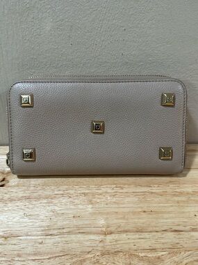 Salvatore Ferragamo Taupe Calfskin Leather Zip Wallet with Gold Signature Studs